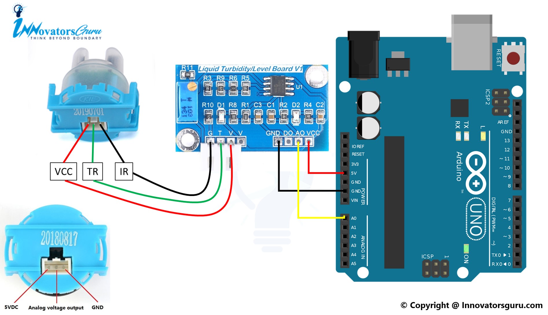 TS-300B Arduino Turbidity Sensor connection pinout TS-300B Arduino Turbidity Sensor connection pinout circuit schematic